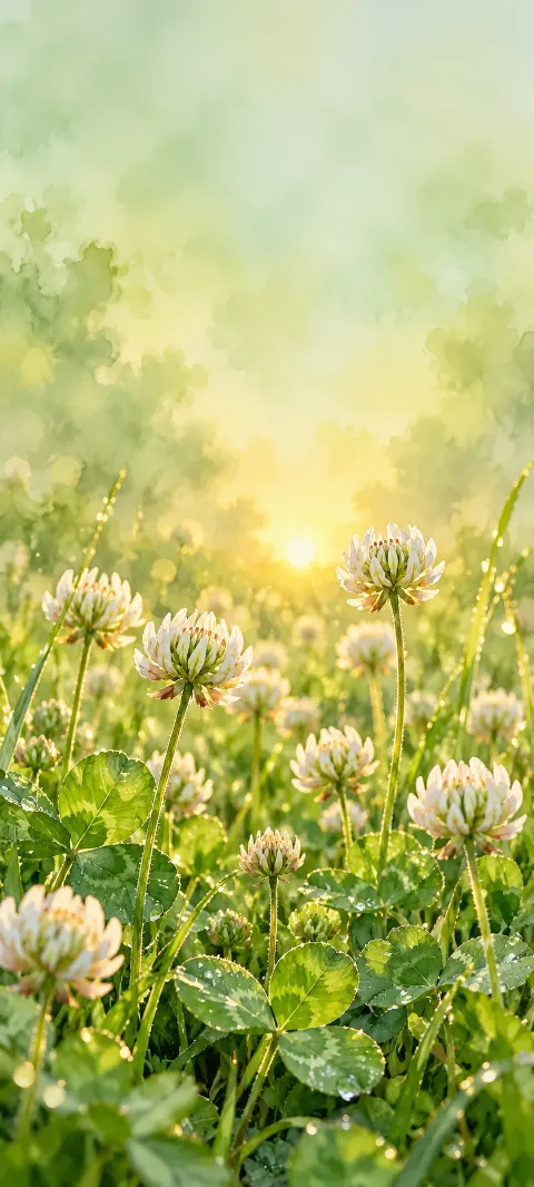 White clover flowers and dew-covered three-part leaves in warm meadow sunlight.
