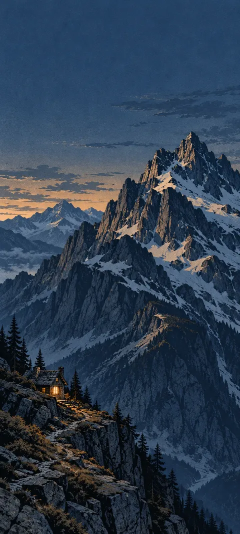 Small warmly lit cabin beneath a massive dark snowy mountain ridge.