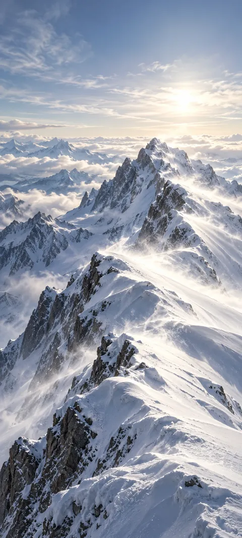 Snow streams across a high ridge under pale light.