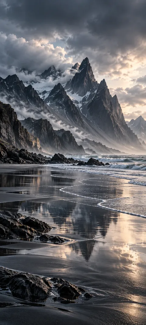 Dark basalt mountains meet a reflective gray shore.