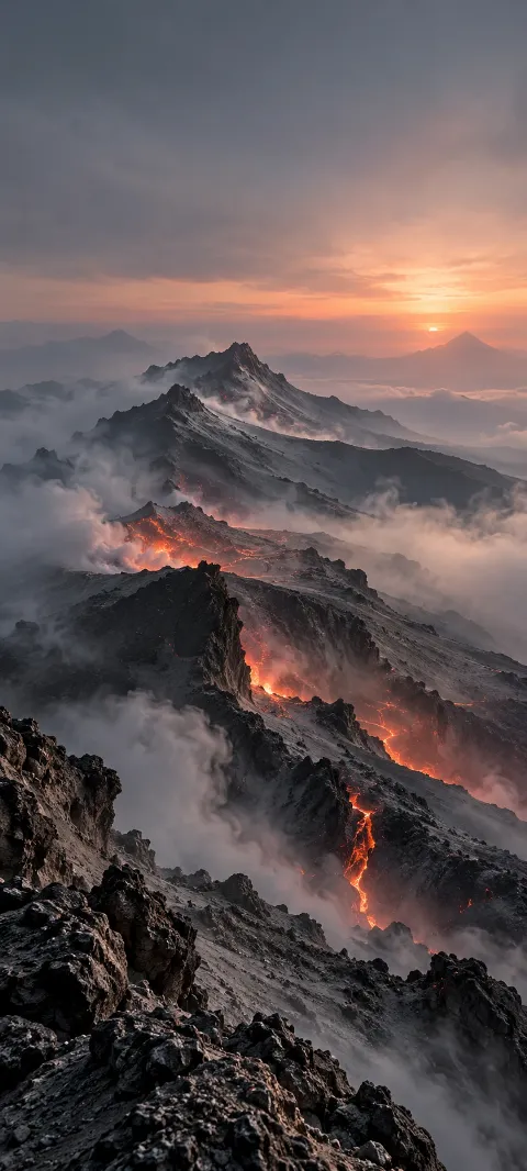 Glowing lava seams cut through a charcoal volcanic ridge.