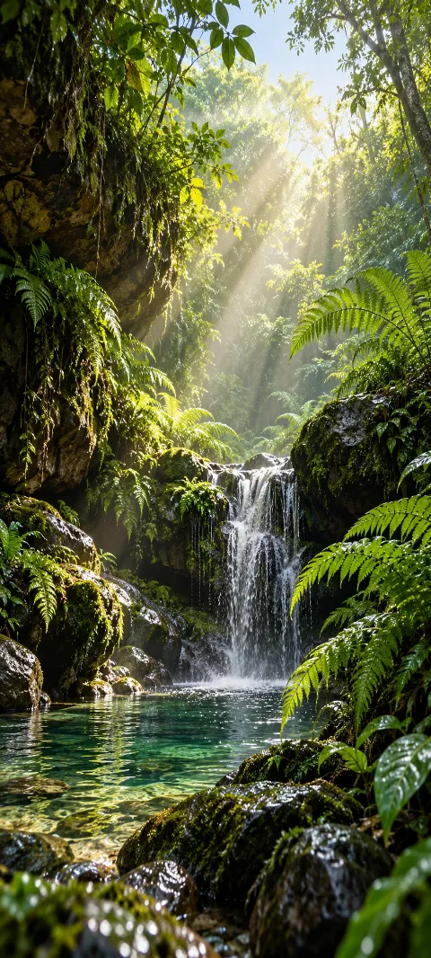 A fern grotto glows beneath a break in the canopy.
