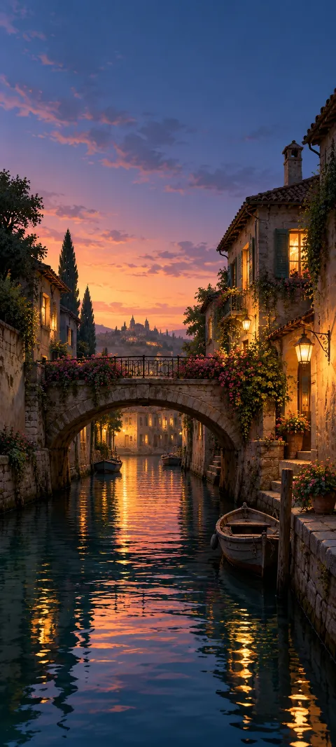 A lantern-lit stone bridge over a narrow canal at evening.