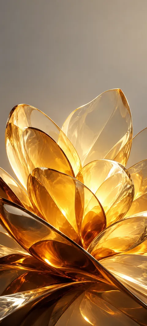 Overlapping citrine glass petal-like sheets glowing against warm gray.