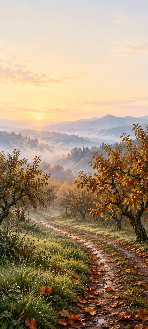 A curving orchard lane between russet fruit trees and dewy grass beneath a pale golden sky.