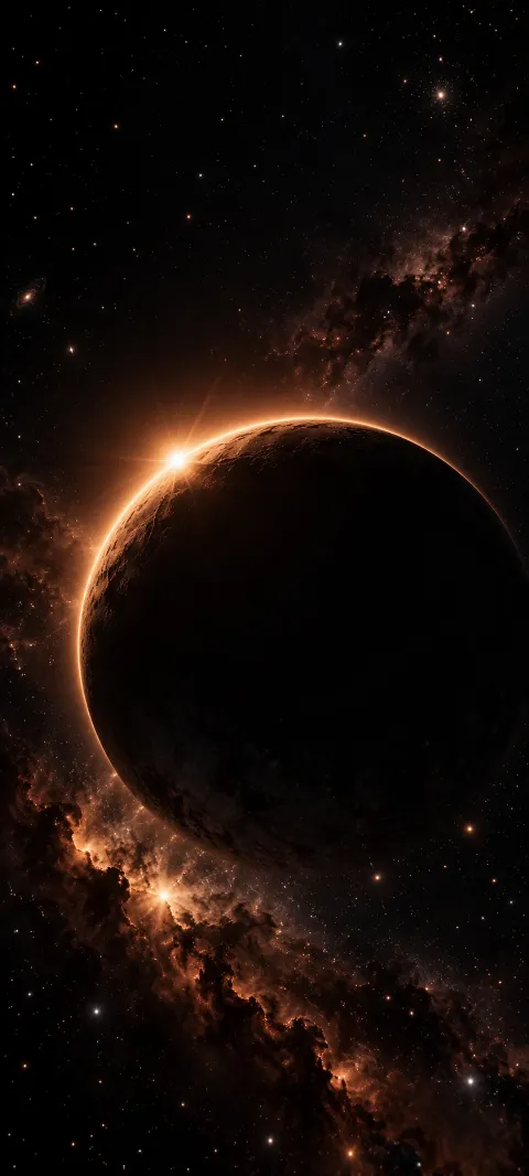 A copper-lit eclipse forms a narrow arc in black space.