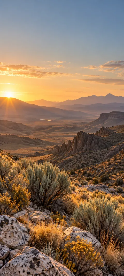 Sagebrush and pale stones catch low light across a dry valley.