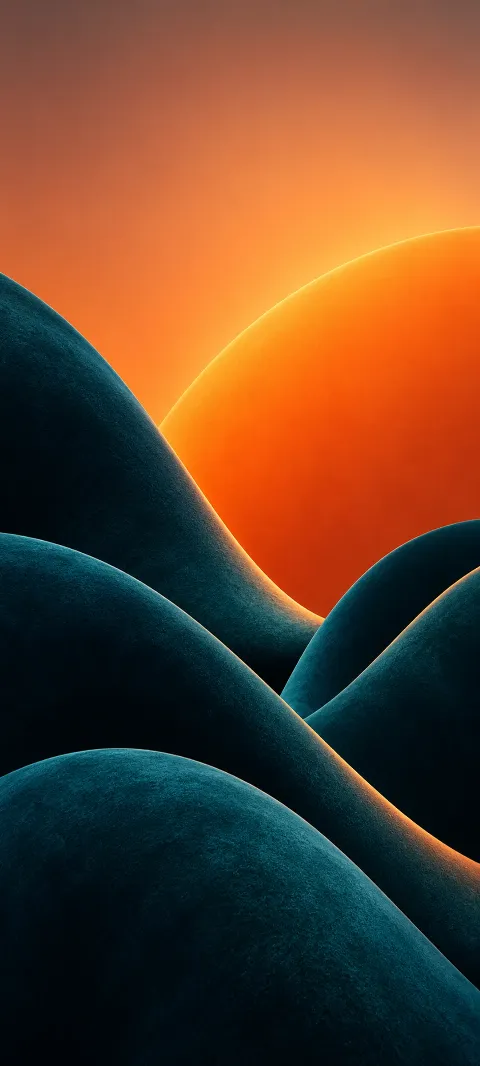 A tangerine arc meets deep teal velvet-like shapes.