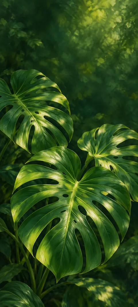 Three glossy green Monstera leaves with split edges and natural openings.