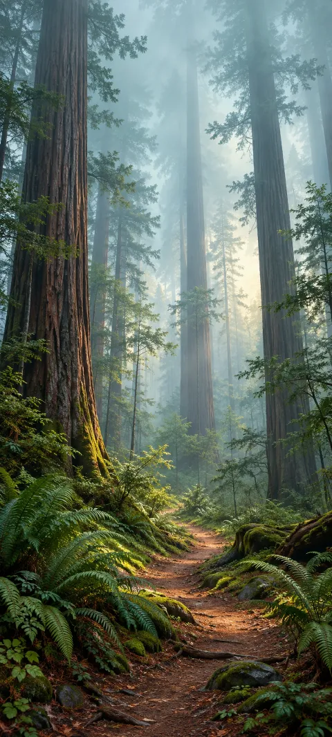 A fern-lined trail winding between towering redwoods in pale morning mist.