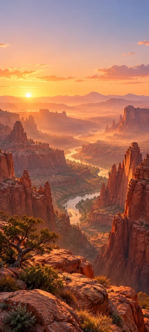 Layered red canyon walls and a winding river glow at sunset.