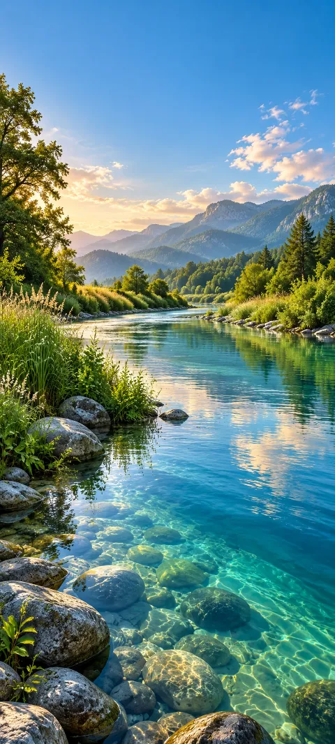 A teal river bends through reeds and smooth stones.