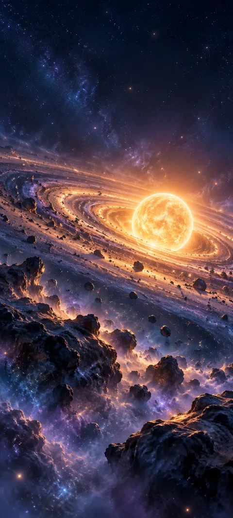 Golden star in a swirling purple and indigo cosmic debris field.