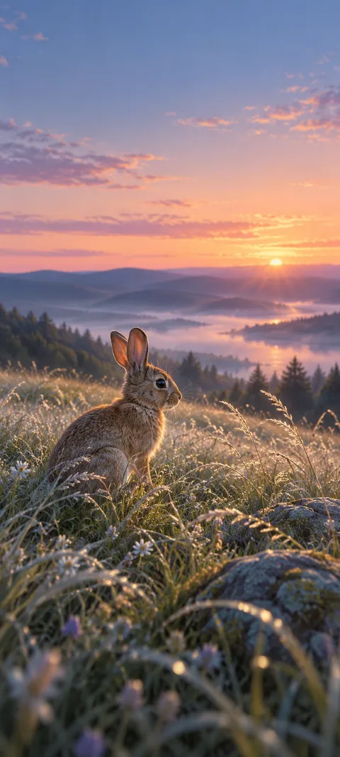 A wild rabbit pauses in silver meadow grass.