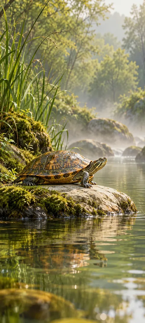 A striped turtle with an amber patterned shell rests on a rock beside misty green water.