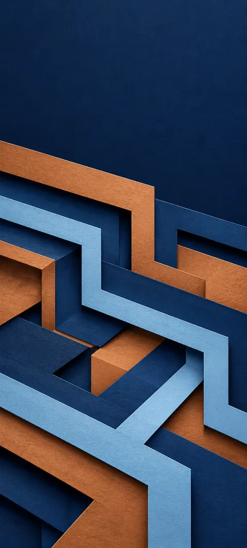 Layered indigo, copper-brown and pale blue paper strips with right-angle turns.