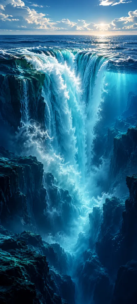Blue water falls into an imagined ocean trench.