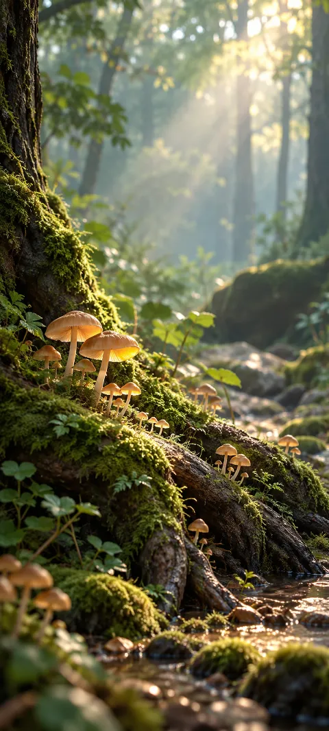 Small forest mushrooms grow around a mossy root.
