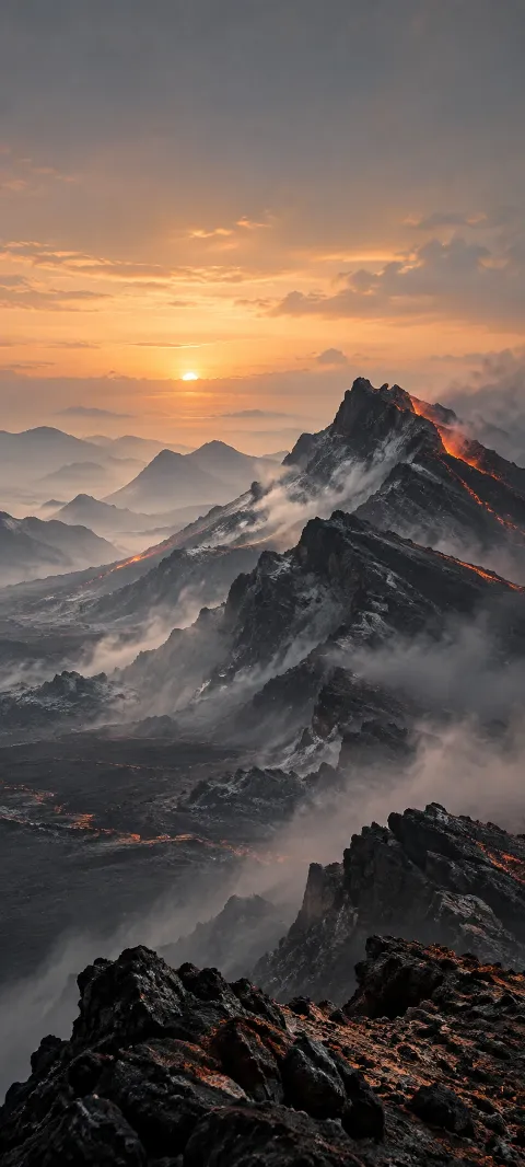 A charcoal volcanic ridge fades through ash-gray air.