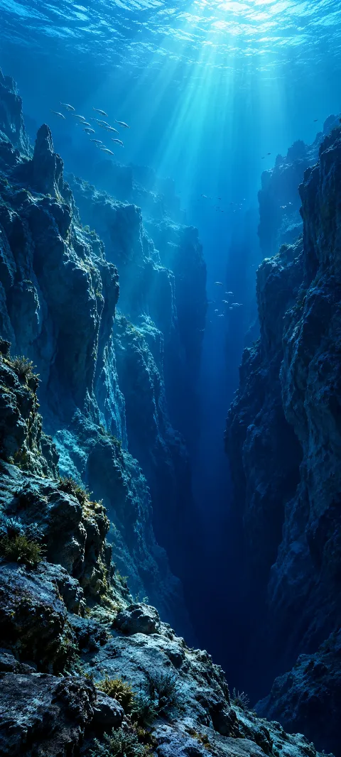 Deep blue underwater fissure between rock walls with light rays and small fish.
