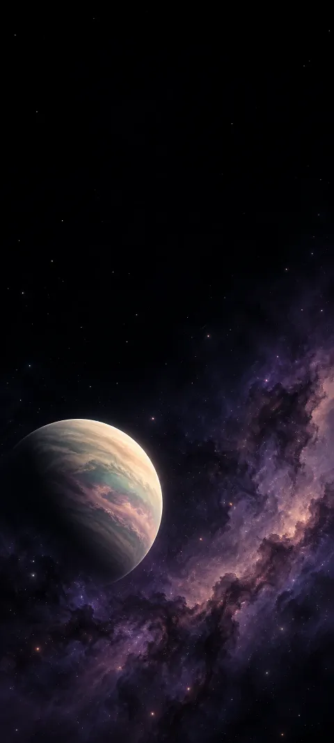 Partly shadowed pearl planet with ivory, mint and blush cloud bands above violet cosmic haze.