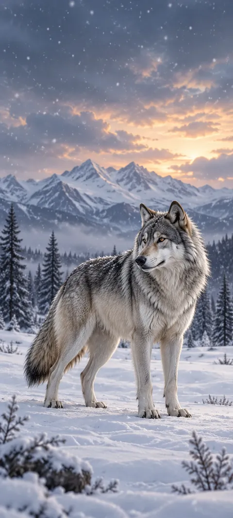 Silver gray wolf with amber eyes standing in snow before pines and mountains.