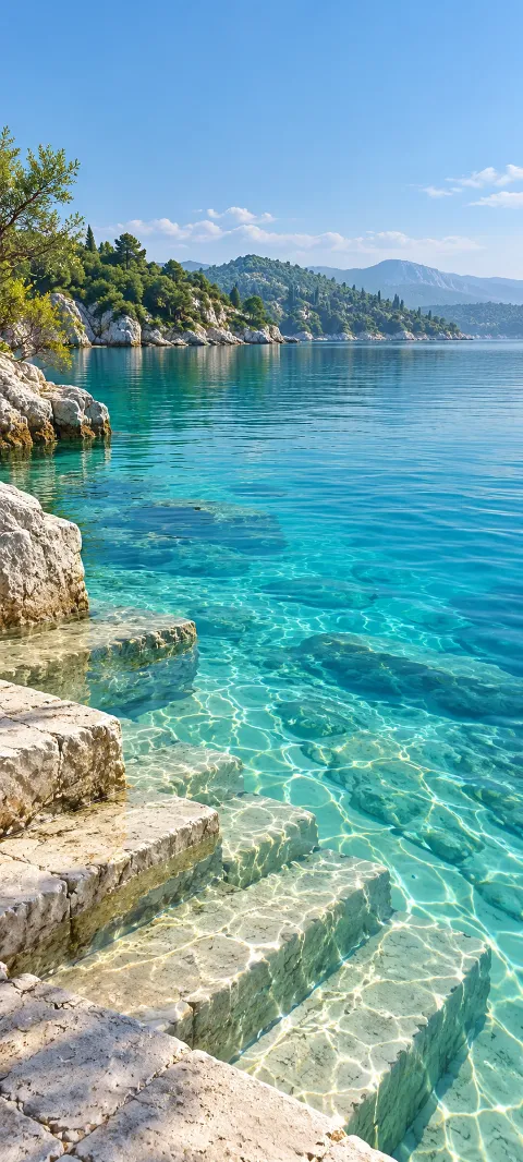 Clear turquoise lagoon water covering pale stone steps with bright caustic patterns.
