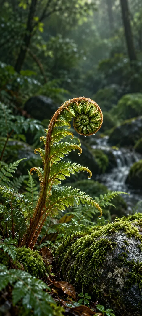 A curled fern unfurling beside a moss-covered stone in a damp woodland.