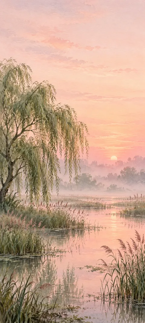Willow and reeds reflected in calm marsh water beneath a pale pink dawn.