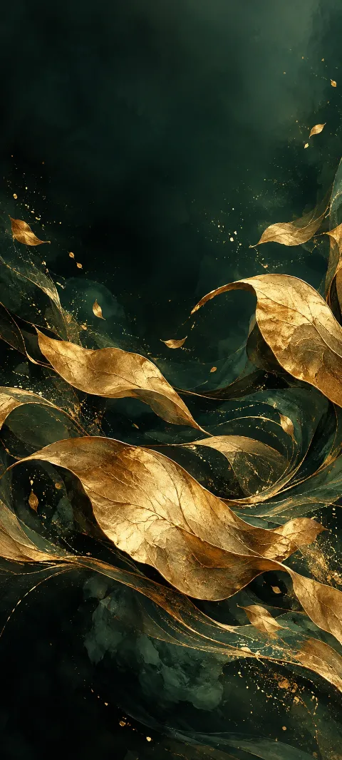Gold leaf-like planes drift over a dark green-black field.