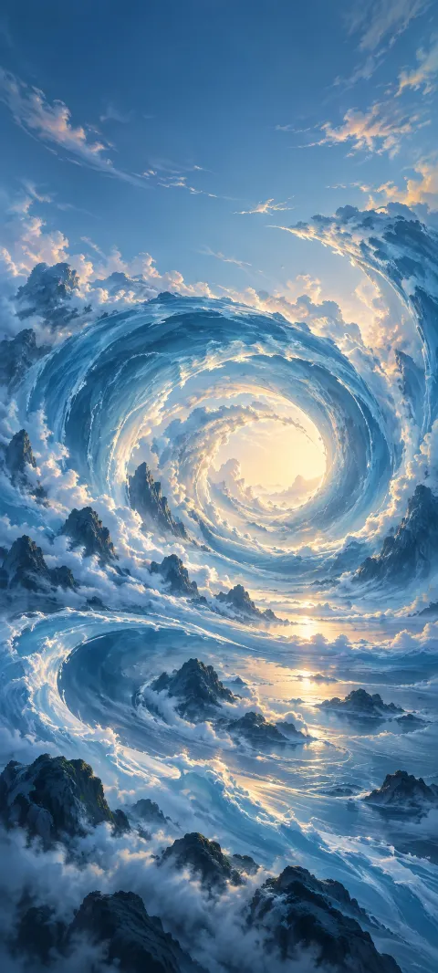 Azure curves spiral inward around a pale central opening.