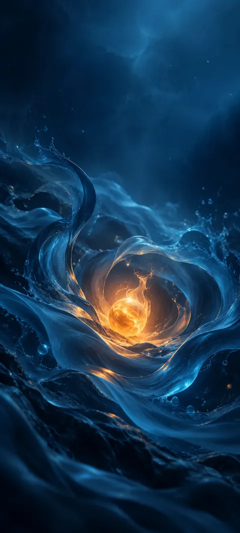 Blue fluid forms curl around a glowing orange ember.