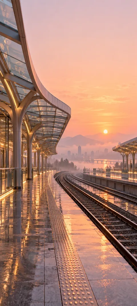 A peach morning haze surrounds an imagined station.