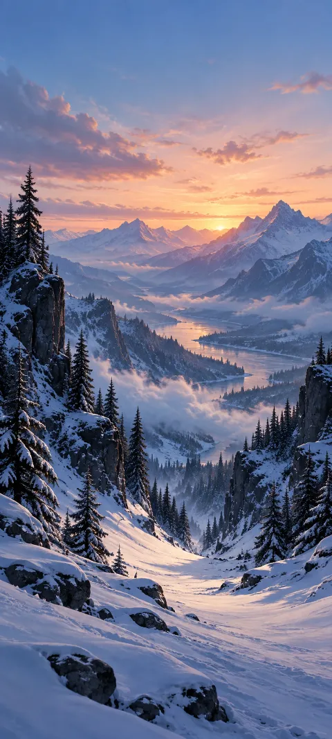 A snowy pass descends between dark pines and blue cliffs.
