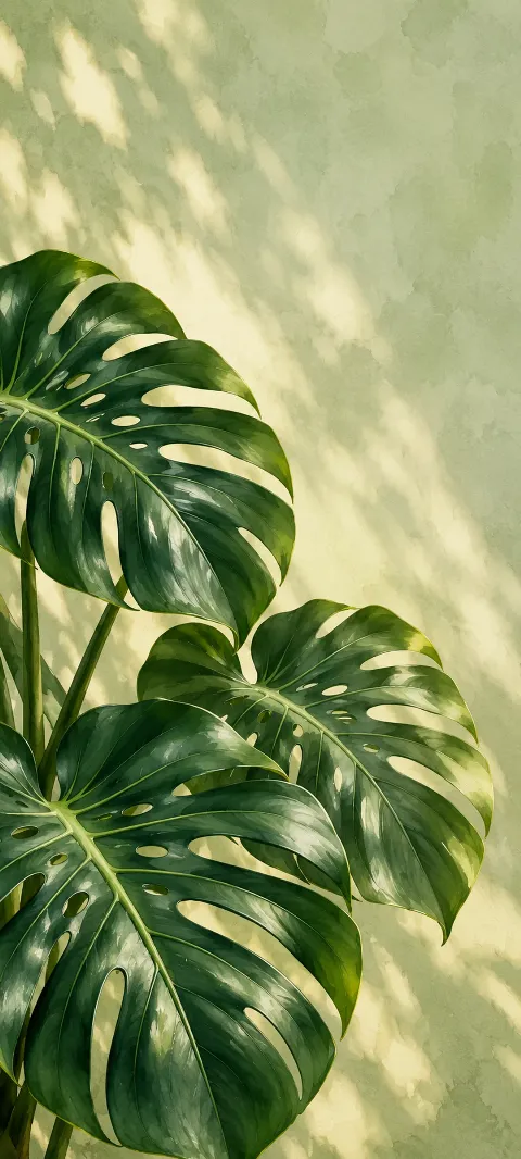 Three emerald monstera leaves with natural splits and holes on a pale sage background.