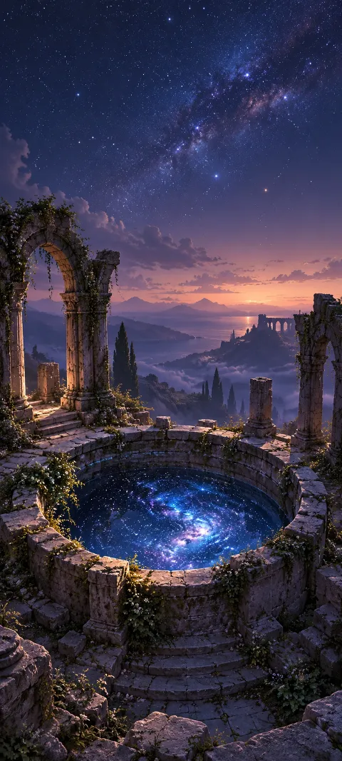 A blue starlight-filled stone well among ivy-covered arches and ruins.