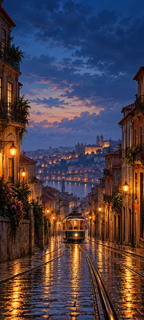 Cream and green tram on a wet cobbled avenue with amber lamps and distant river.