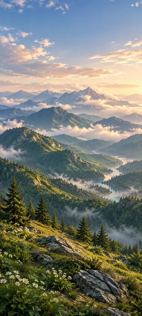 Green mountain folds recede beneath soft cloud.