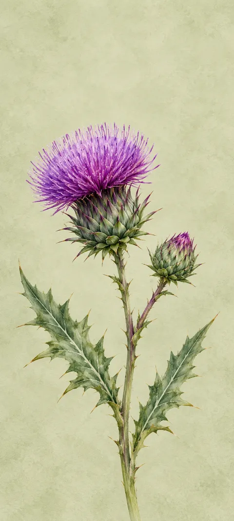 Purple thistle flower, green bud and two spiny leaves on pale sage paper.