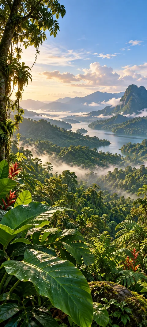 Broad leaves and green ridges appear through humid forest air.