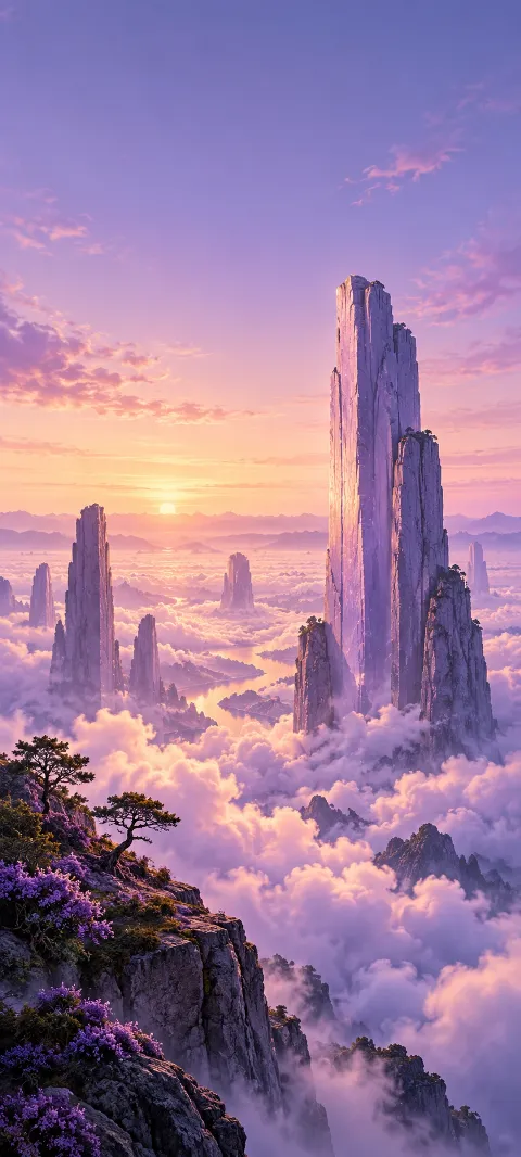 Lavender monoliths rise above clouds in a glowing fantasy landscape.
