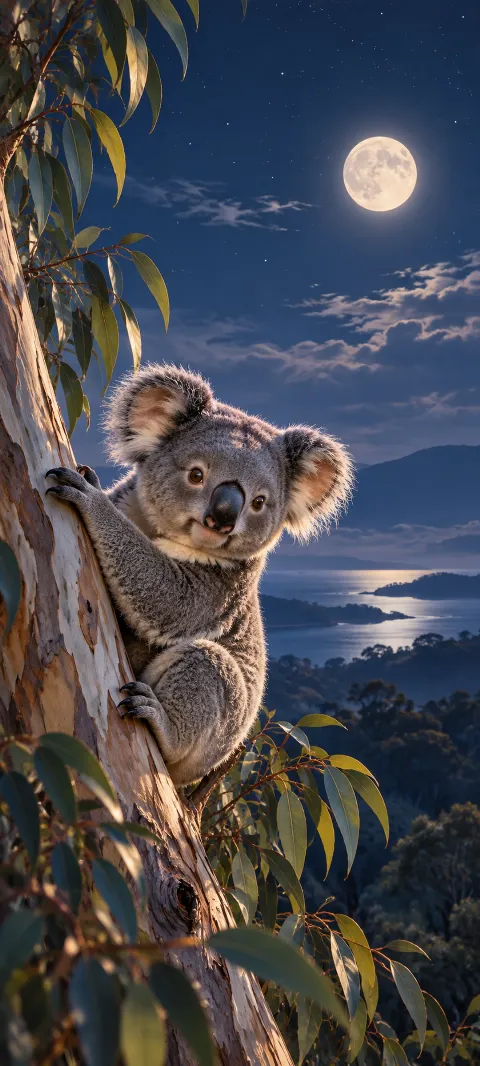 A koala clings to a eucalyptus branch under moonlight.