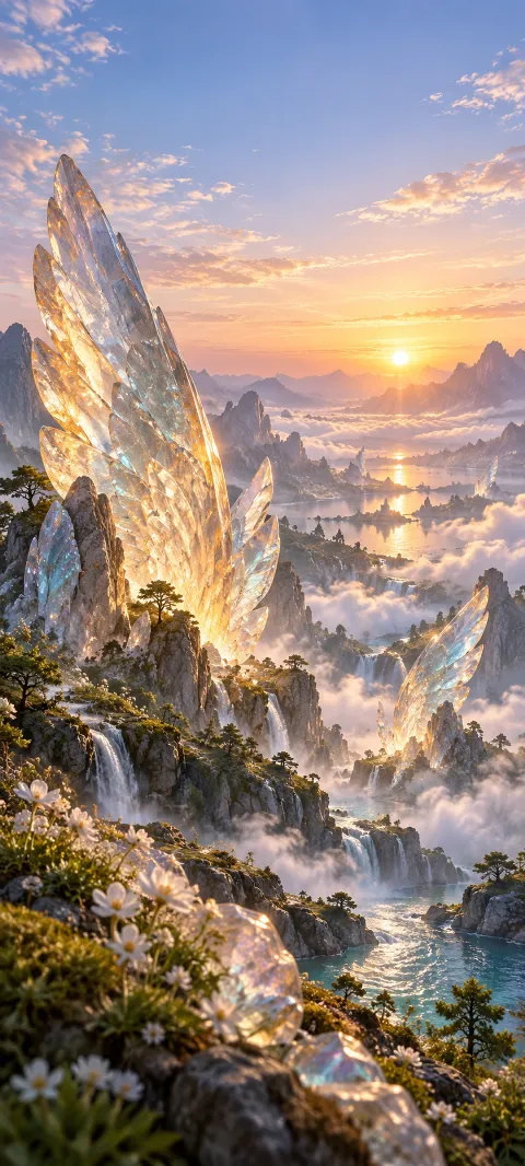 A valley of transparent wing-shaped stones catches sunrise.
