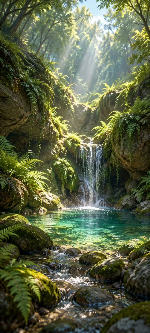 Fern-covered grotto with a small waterfall and turquoise pool in sunbeams.