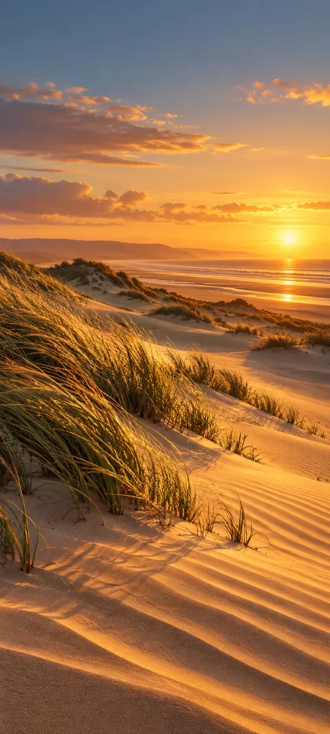 Pale dune grass bends across a quiet sand ridge beneath a blue sky.