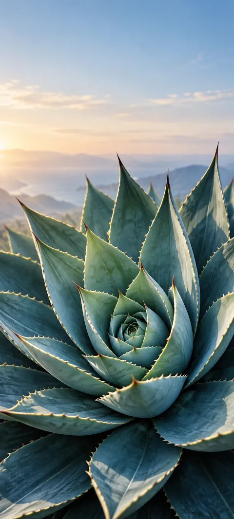 Blue-green agave leaves form a spiral with pale edge light.