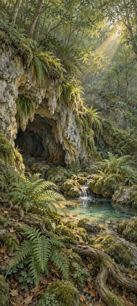Fern-covered limestone grotto with a small spring and soft sunbeams.