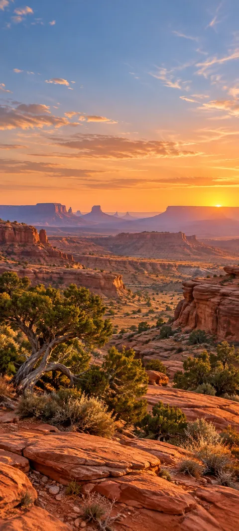 A red rock desert basin with juniper beneath a golden sun.