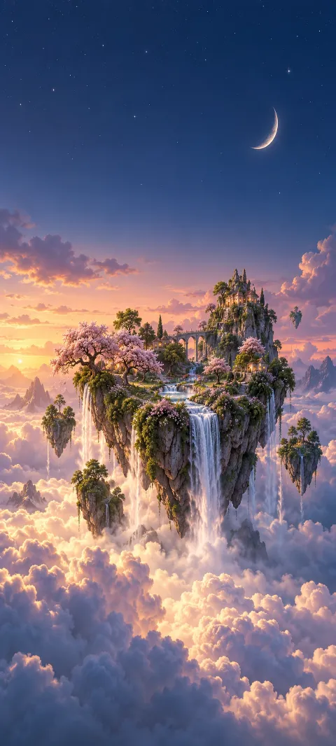 A floating orchard island drifts above silver clouds.