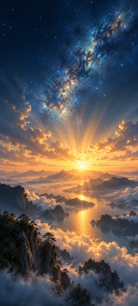 Golden light over misty islands beneath a diagonal blue star veil.